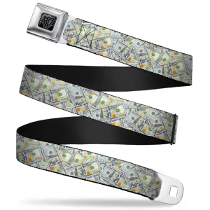 BD Wings Logo CLOSE-UP Full Color Black Silver Seatbelt Belt - Vivid 100 Dollar Bills Stacked Webbing