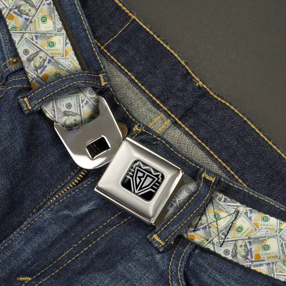 BD Wings Logo CLOSE-UP Full Color Black Silver Seatbelt Belt - Vivid 100 Dollar Bills Stacked Webbing