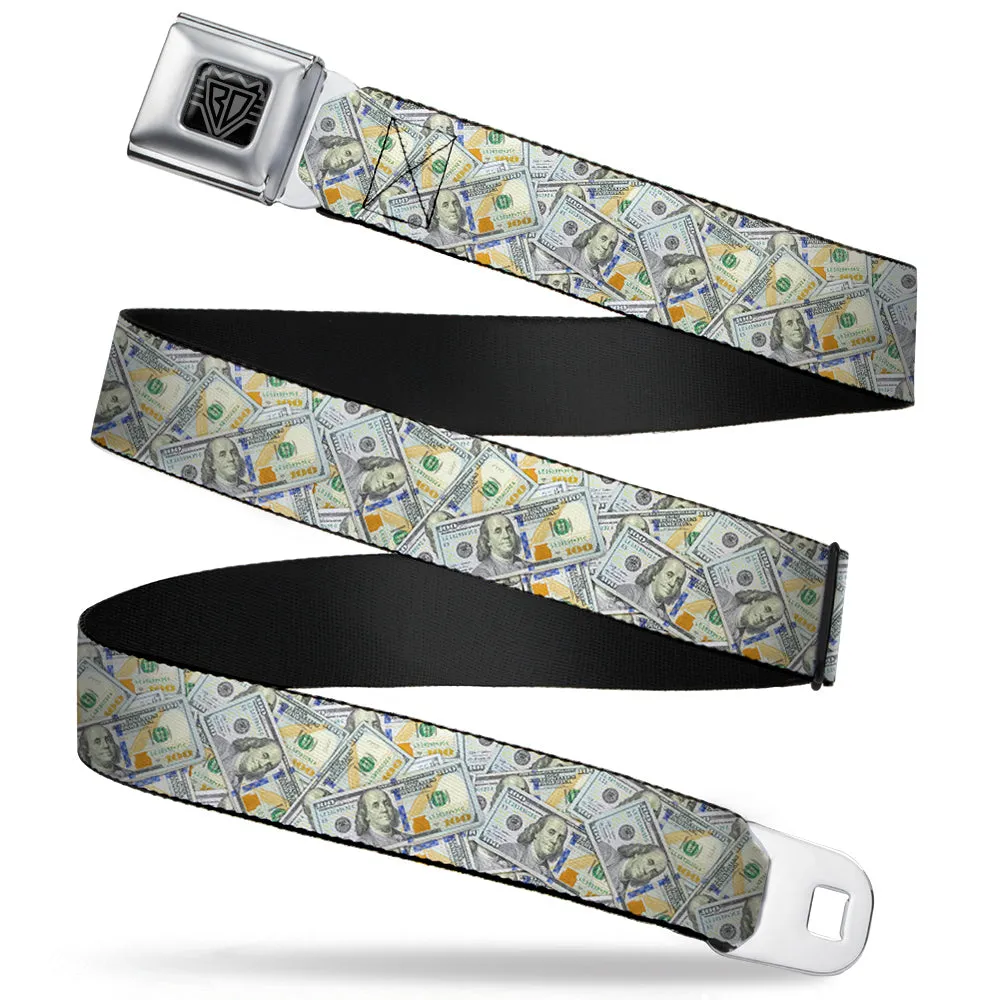 BD Wings Logo CLOSE-UP Full Color Black Silver Seatbelt Belt - Vivid 100 Dollar Bills Stacked Webbing