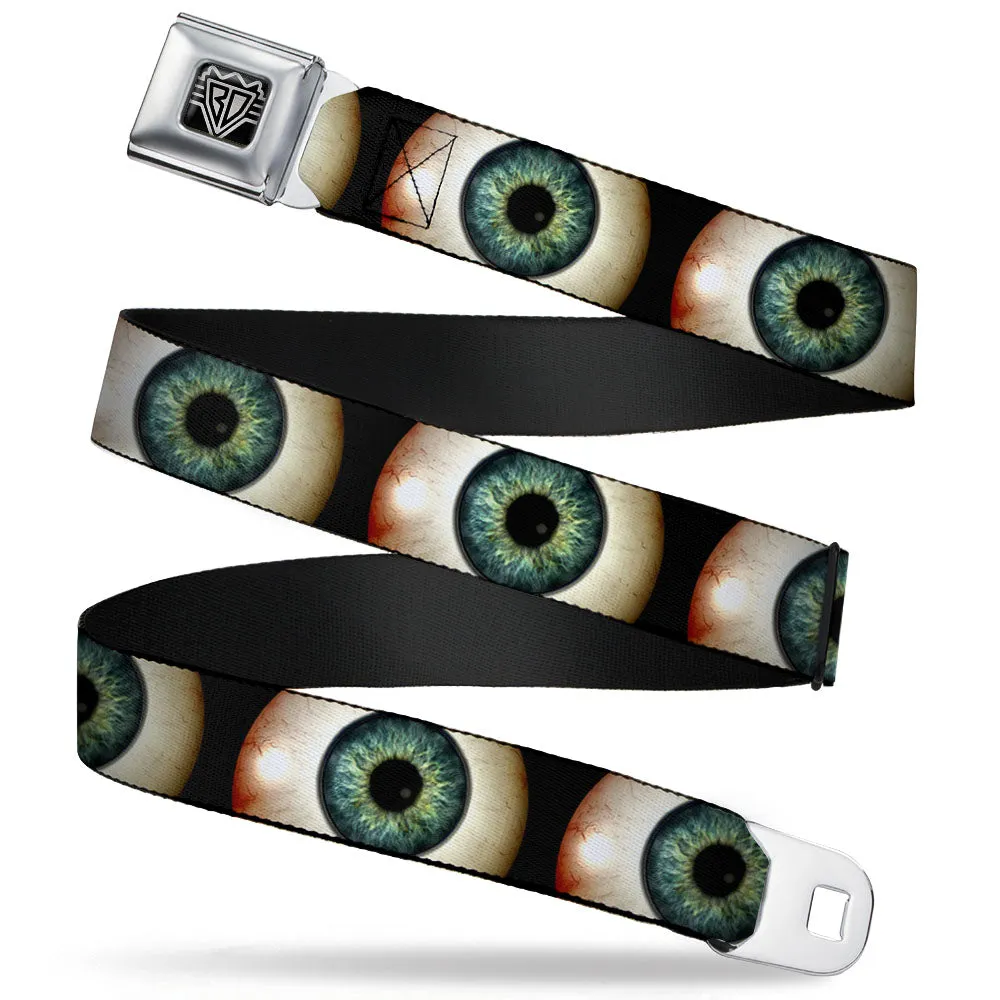 BD Wings Logo CLOSE-UP Full Color Black Silver Seatbelt Belt - Vivid Blue Eyeball Black Webbing