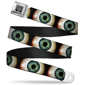 BD Wings Logo CLOSE-UP Full Color Black Silver Seatbelt Belt - Vivid Blue Eyeball Black Webbing