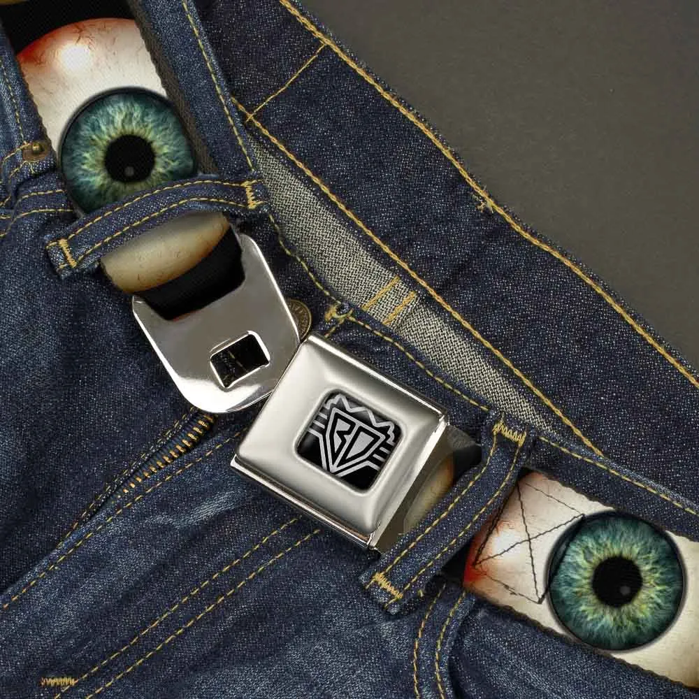 BD Wings Logo CLOSE-UP Full Color Black Silver Seatbelt Belt - Vivid Blue Eyeball Black Webbing