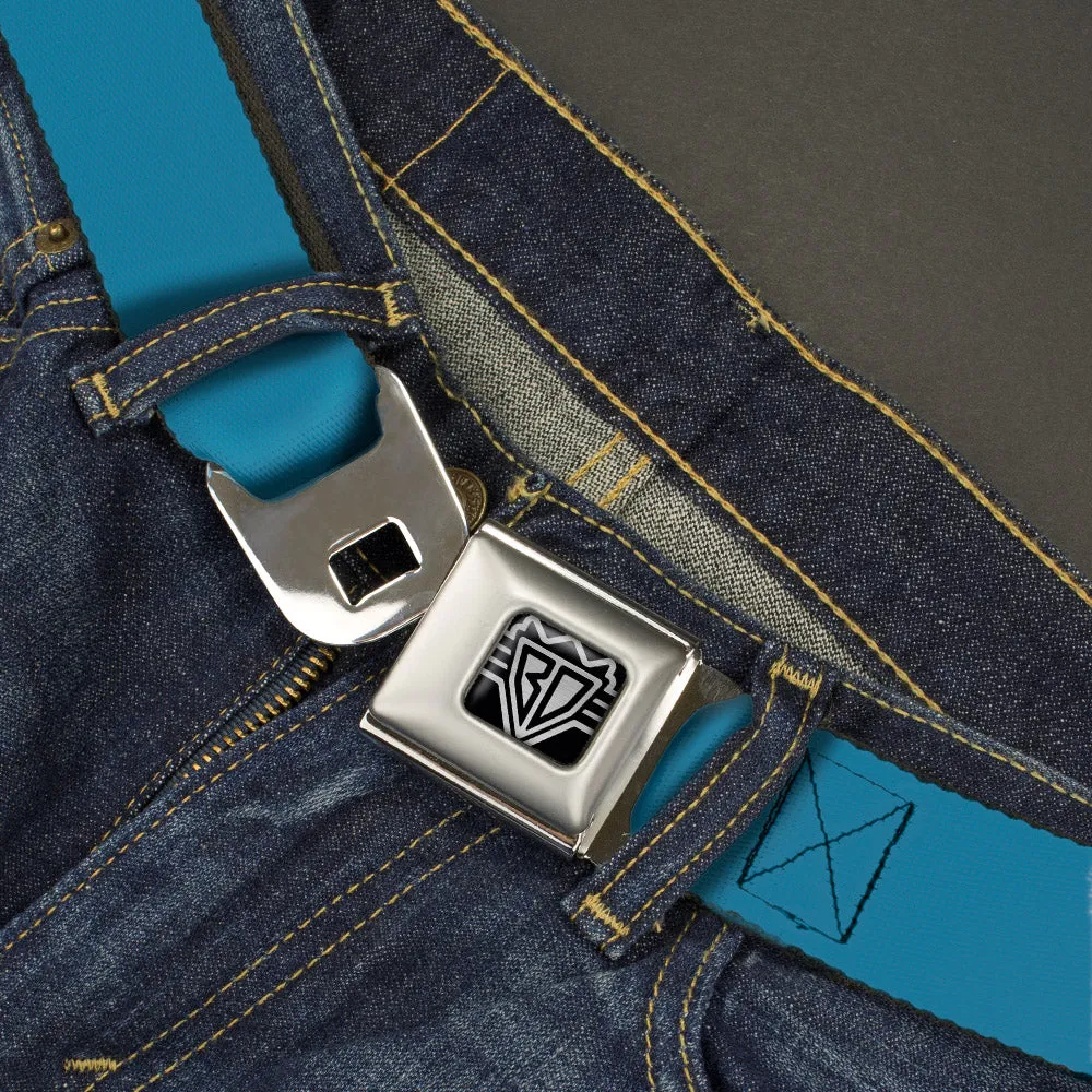 BD Wings Logo CLOSE-UP Full Color Black Silver Seatbelt Belt - Vivid Turquoise Webbing