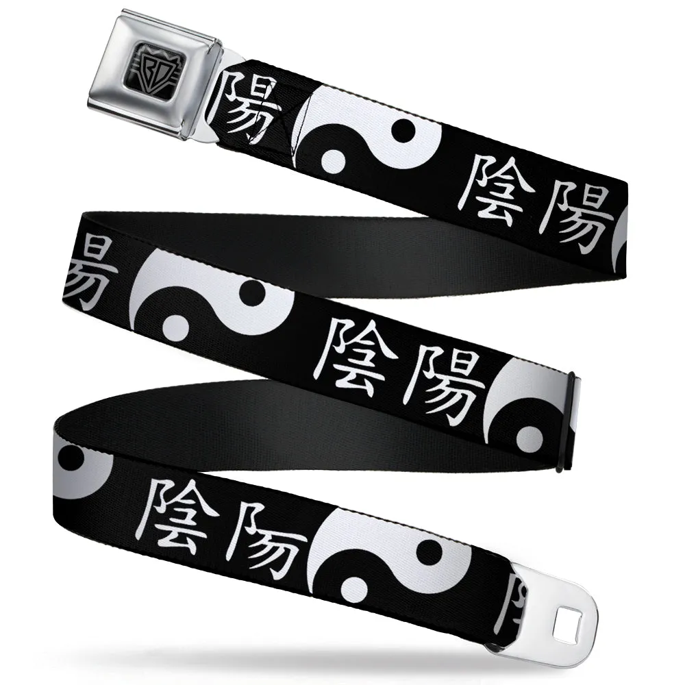 BD Wings Logo CLOSE-UP Full Color Black Silver Seatbelt Belt - Yin Yang Symbol CLOSE-UP/Characters Black/White Webbing