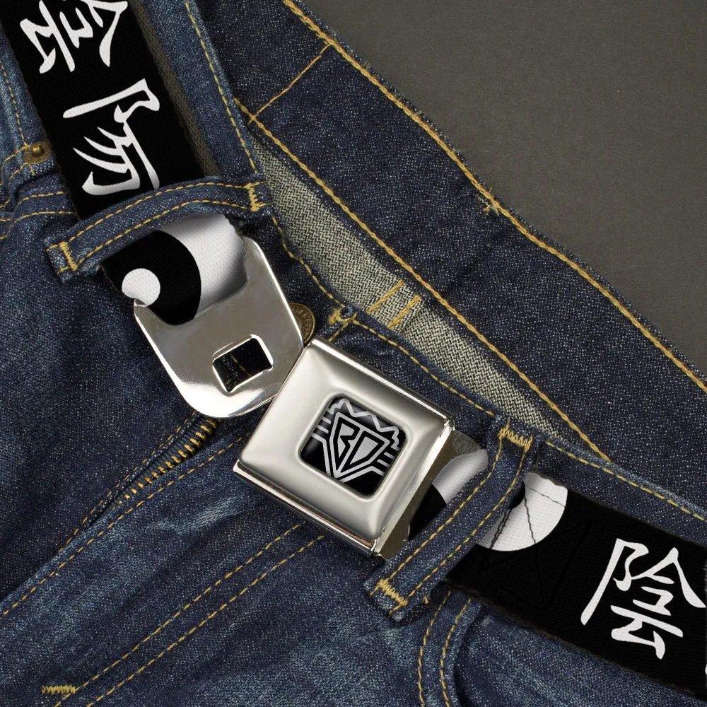 BD Wings Logo CLOSE-UP Full Color Black Silver Seatbelt Belt - Yin Yang Symbol CLOSE-UP/Characters Black/White Webbing