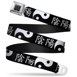 BD Wings Logo CLOSE-UP Full Color Black Silver Seatbelt Belt - Yin Yang Symbol CLOSE-UP/Characters Black/White Webbing