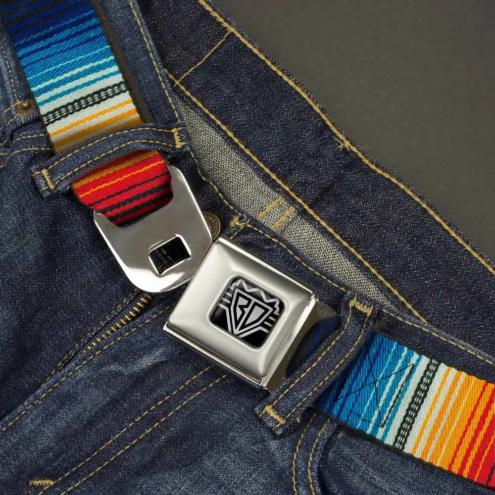 BD Wings Logo CLOSE-UP Full Color Black Silver Seatbelt Belt - Zarape2 Vertical Multi Color Stripe Webbing