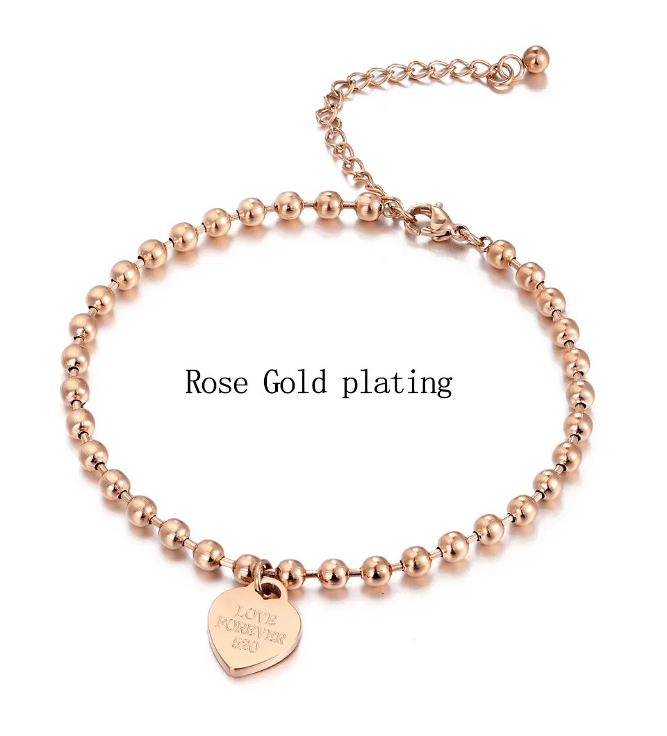 Beaded heart-shaped Pendant stainless steel Chain Anklet