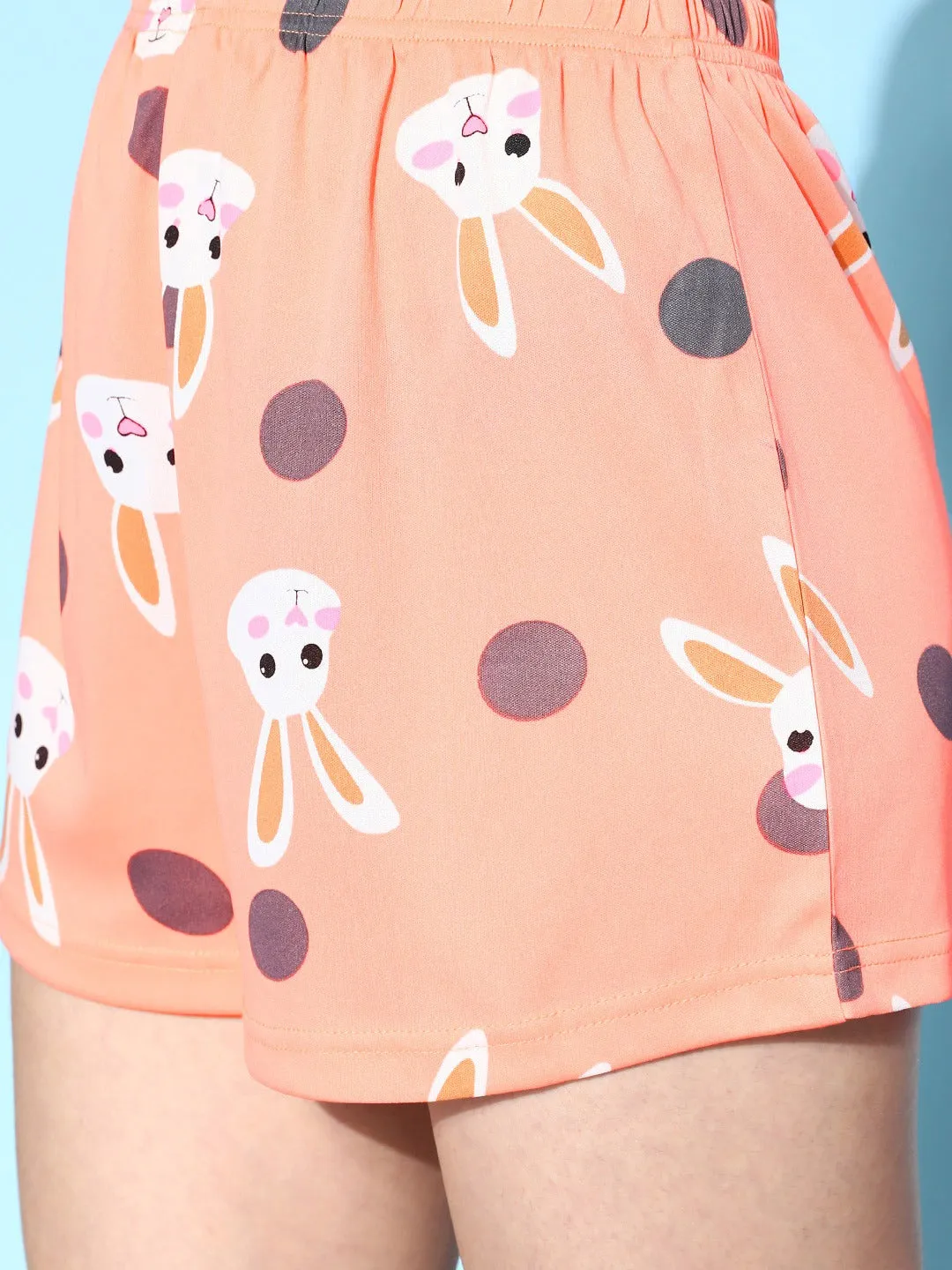 Berrylush Women Pink & White Cartoon Character Printed Round Neck Sleeveless Slip-On Knitted Mini Night Suit