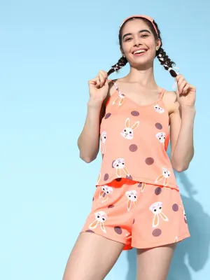 Berrylush Women Pink & White Cartoon Character Printed Round Neck Sleeveless Slip-On Knitted Mini Night Suit