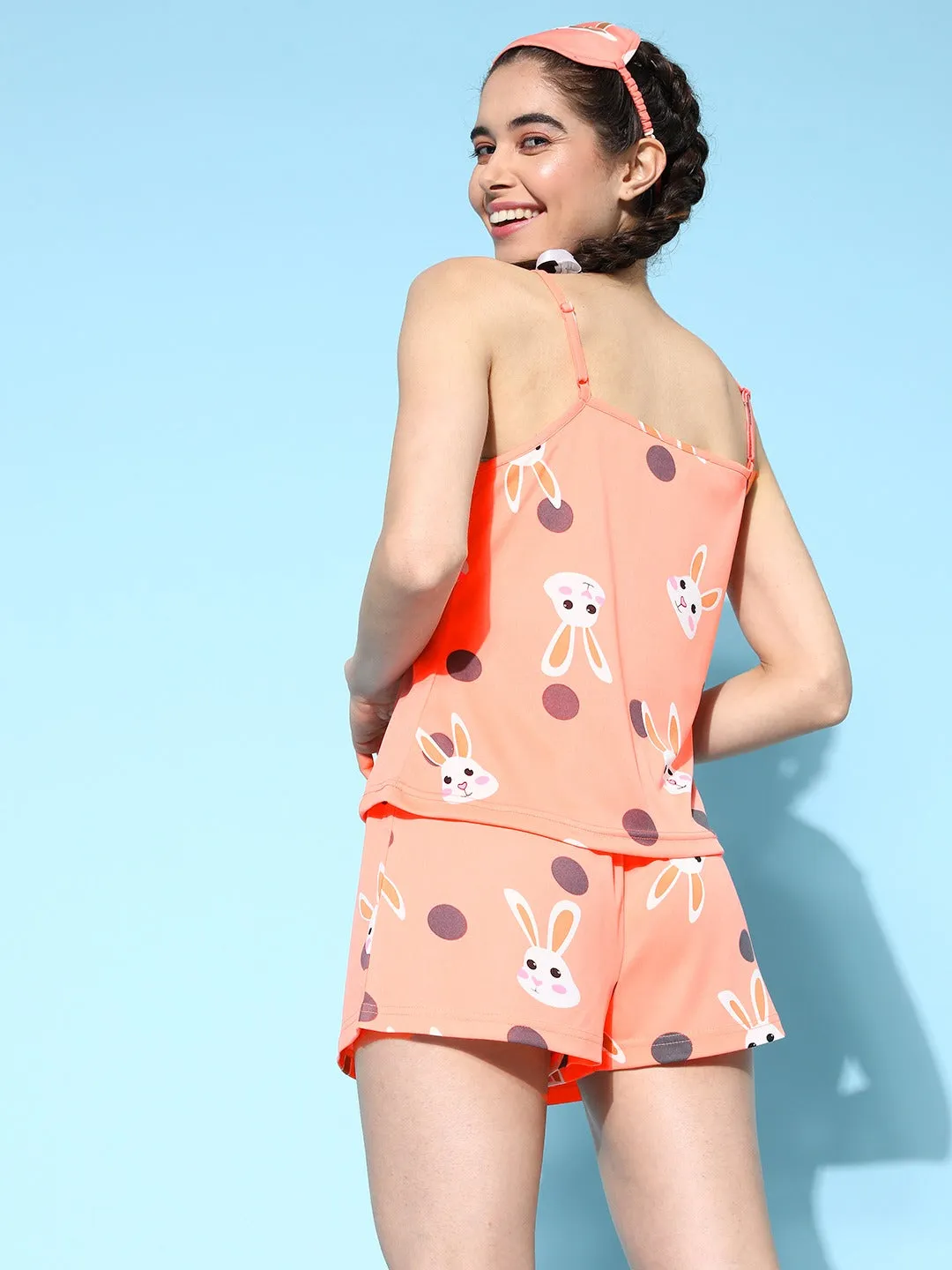 Berrylush Women Pink & White Cartoon Character Printed Round Neck Sleeveless Slip-On Knitted Mini Night Suit
