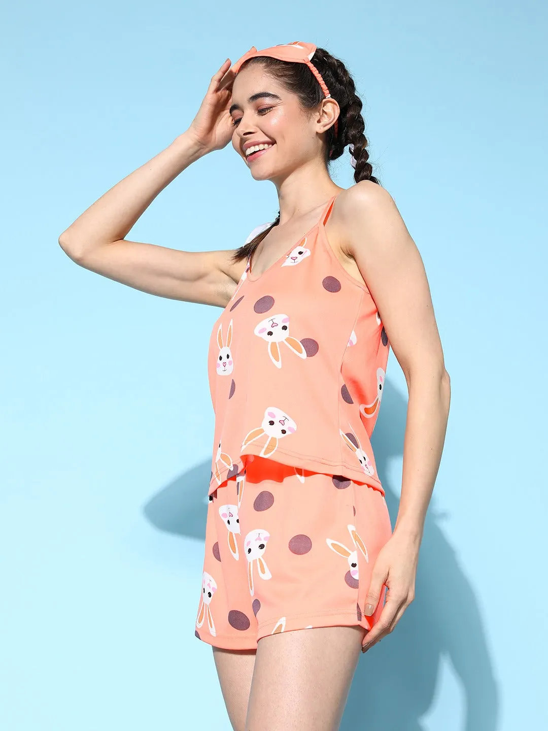 Berrylush Women Pink & White Cartoon Character Printed Round Neck Sleeveless Slip-On Knitted Mini Night Suit