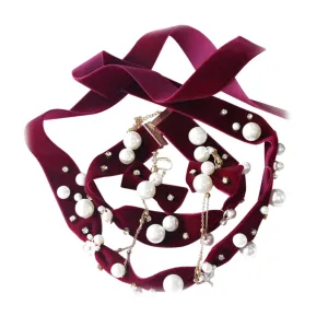 BESTYASH Pearl Studded Velvet Headwear Set Stylish Wine Hair Band Party Supplies