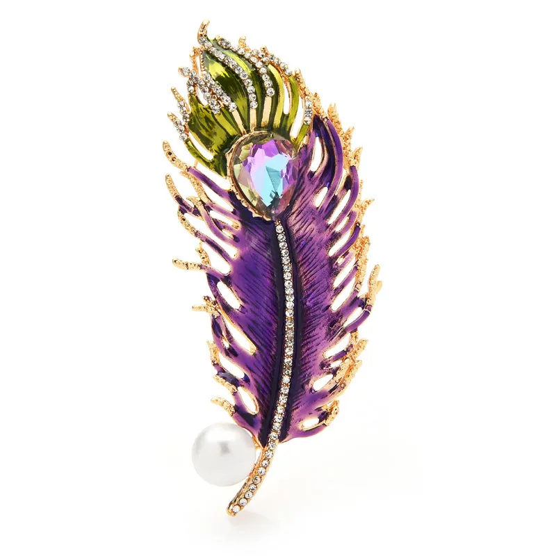 Big Crystal Feather Brooches For Women Luxury 2-color Enamel Feather Office Party Brooch