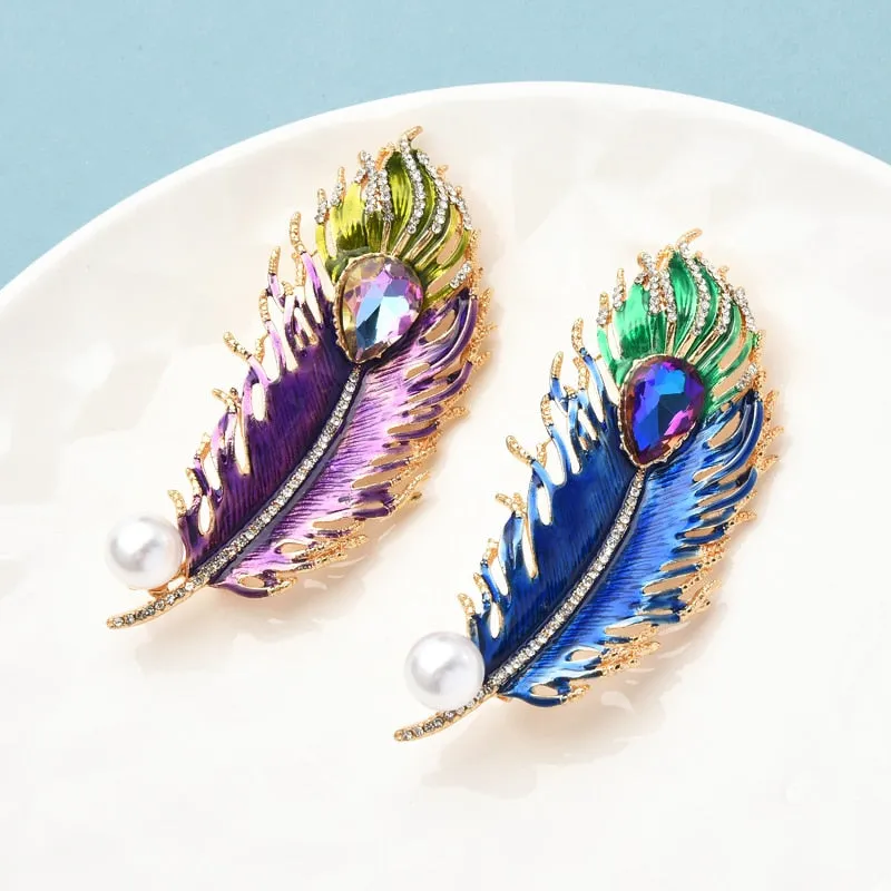 Big Crystal Feather Brooches For Women Luxury 2-color Enamel Feather Office Party Brooch