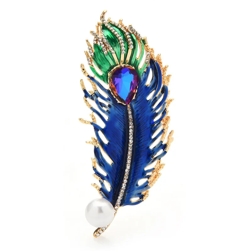 Big Crystal Feather Brooches For Women Luxury 2-color Enamel Feather Office Party Brooch