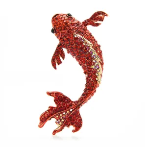 Big Red Fish Brooches Women Unisex Rhinestone Carp Fish Office Party Brooch