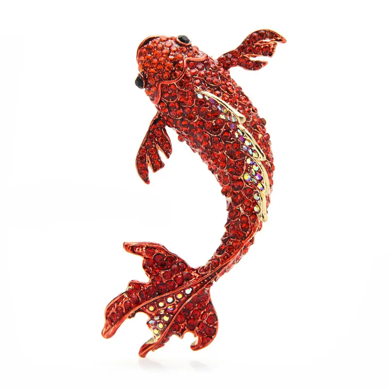 Big Red Fish Brooches Women Unisex Rhinestone Carp Fish Office Party Brooch