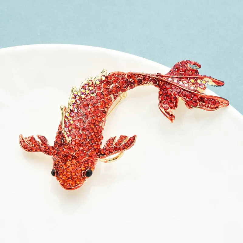 Big Red Fish Brooches Women Unisex Rhinestone Carp Fish Office Party Brooch