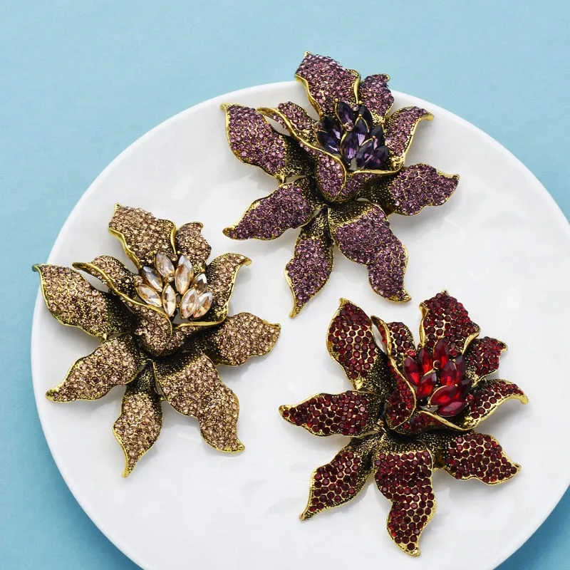 Big Rhinestone Flower Brooches For Women Unisex 3-color Beautiful Sparkling Flower Party Brooch
