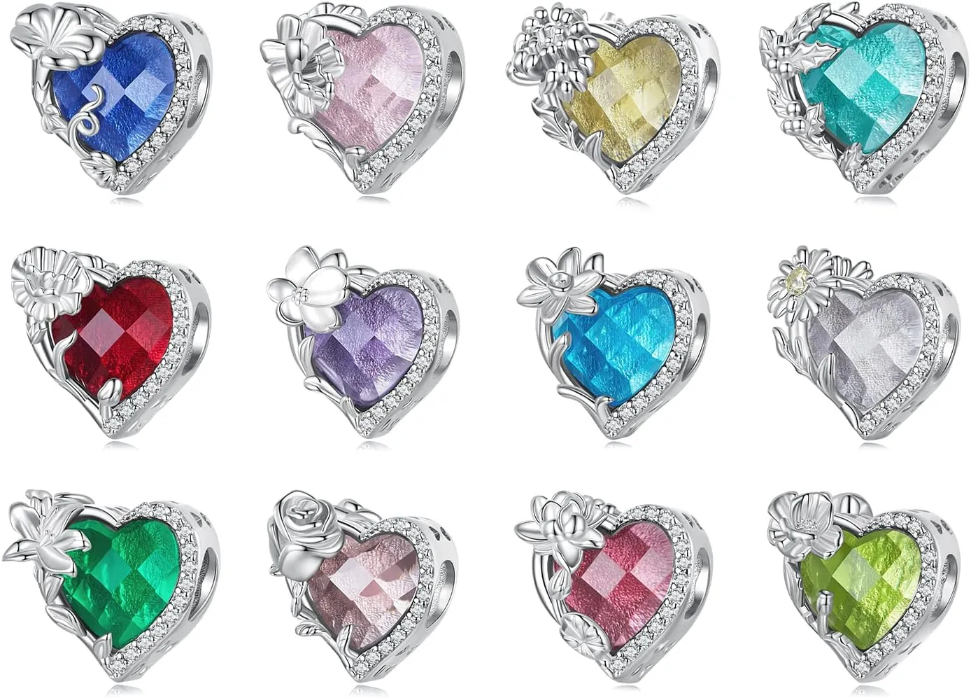 Birthstone Charm 925 Sterling Silver Birthday Charm Love Charm Heart Charm Anniversary Charm Flower Charm Christmas Charm for Pandora Charm Bracelet