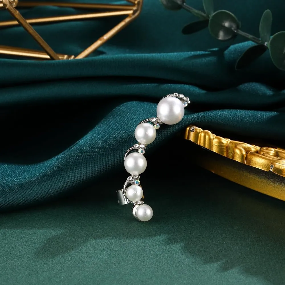Biuhapiy Boho Pearl Ear Climber Earrings Gold Pearl Crystal Ear Crawler Earrings Gold Pearl Ear Cuff Clip Earrings Pearl Stud Earrings Gold Siver Jewelry Jacket for Women Silver