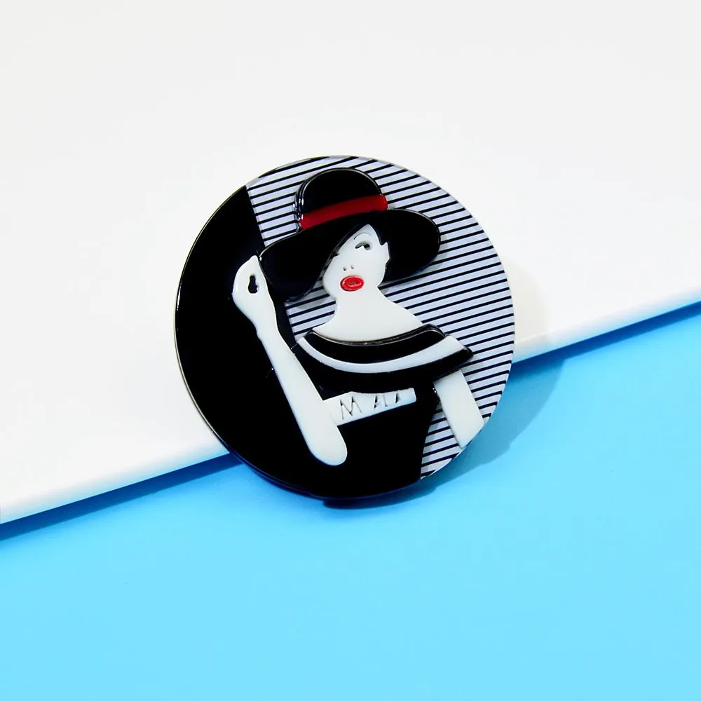 Black And White Modern Girl Pin Acrylic Brooch