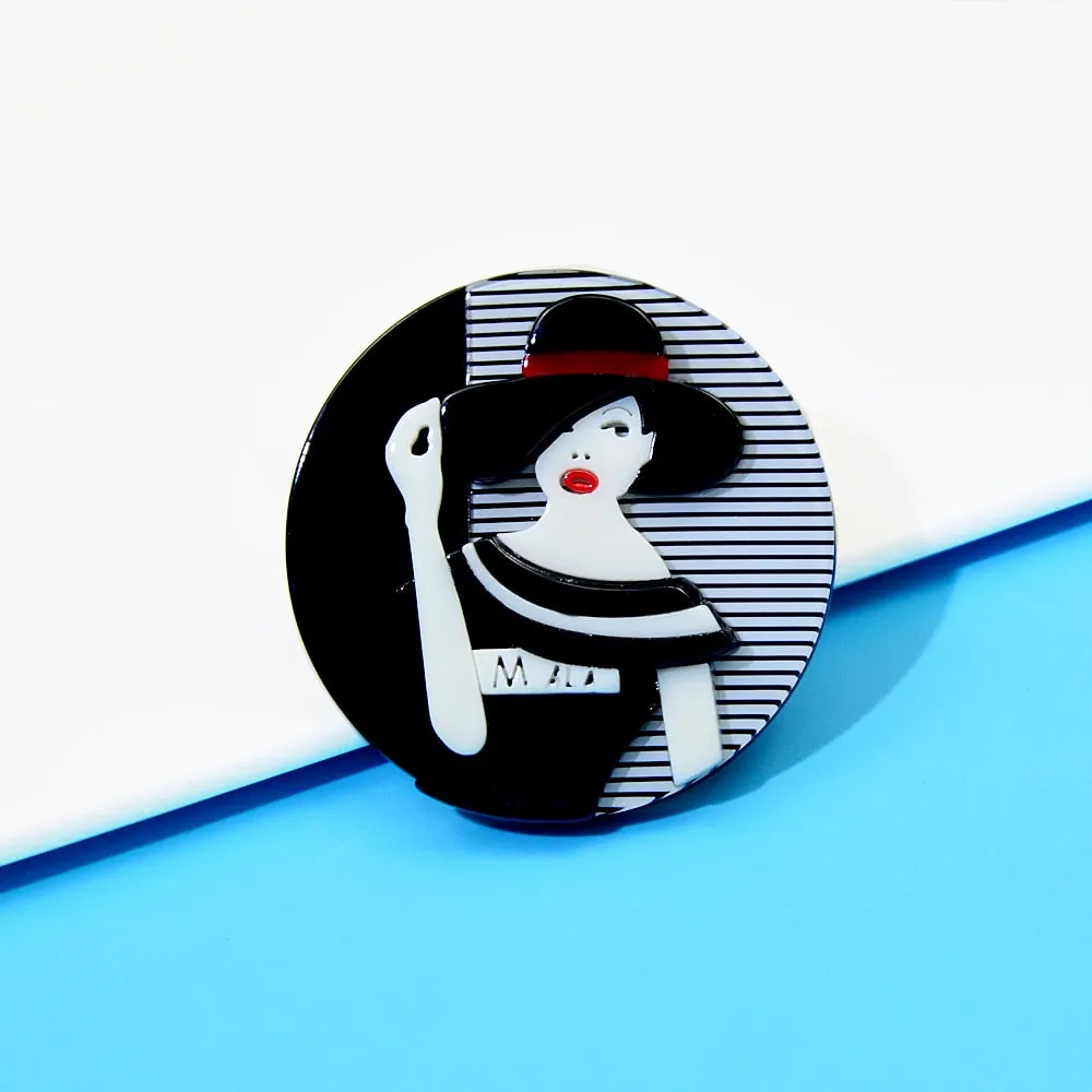 Black And White Modern Girl Pin Acrylic Brooch