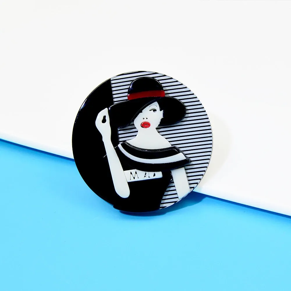 Black And White Modern Girl Pin Acrylic Brooch