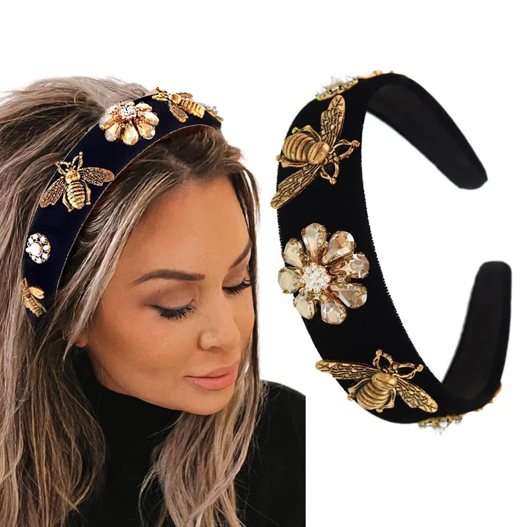 Black Baroque Headbands for Women Bee Rhinestones Wide Headband Velvet Jewelry Hair Accessories