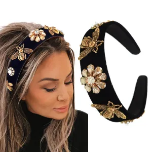 Black Baroque Headbands for Women Bee Rhinestones Wide Headband Velvet Jewelry Hair Accessories