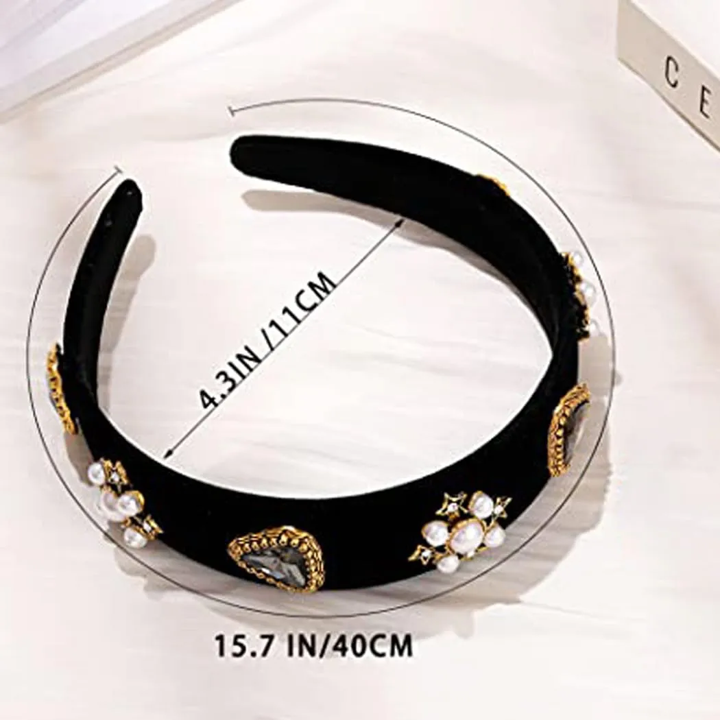 Black Baroque Headbands Pearl Rhinestones Wide Headband Velvet Jeweled Hair accessories for Women (Elegant)