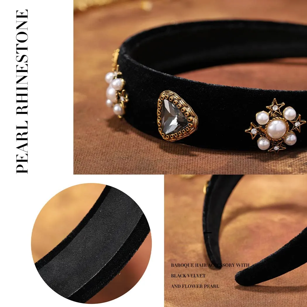 Black Baroque Headbands Pearl Rhinestones Wide Headband Velvet Jeweled Hair accessories for Women (Elegant)