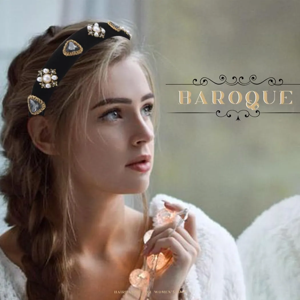 Black Baroque Headbands Pearl Rhinestones Wide Headband Velvet Jeweled Hair accessories for Women (Elegant)