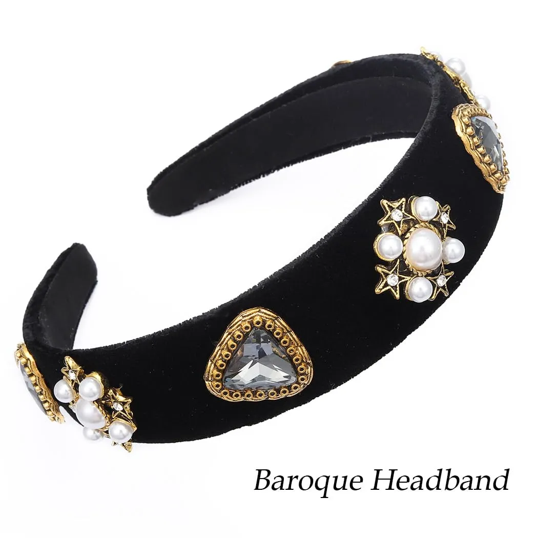 Black Baroque Headbands Pearl Rhinestones Wide Headband Velvet Jeweled Hair accessories for Women (Elegant)
