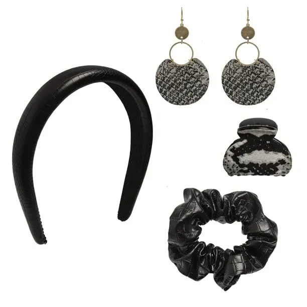 Black Diamond 4-Piece Hair Accessory Set  Includes Stylish Headband, Elegant Hairclip, Trendy Scrunchie, and Coordinating Earrings for Women
