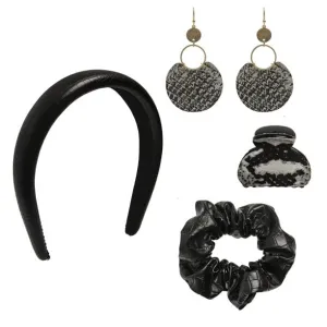 Black Diamond 4-Piece Hair Accessory Set  Includes Stylish Headband, Elegant Hairclip, Trendy Scrunchie, and Coordinating Earrings for Women