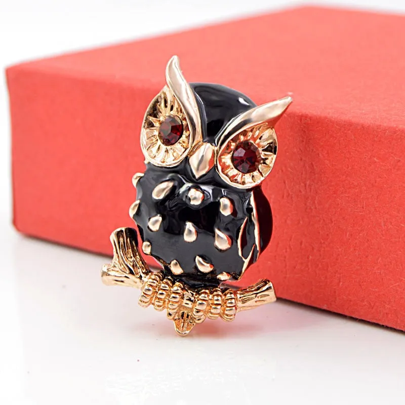 Black Enamel Owl Brooches for Women