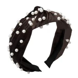 Black Vintage Twisted Faux Pearl Beading Women Hair Hoop Wide Velvet Headband Headwear Nail Pearl Velvet Knotted Headband Hair Accessories