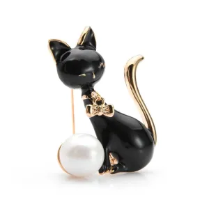 Black White Cat Brooches Women Alloy Animal Enamel Brooch Pins
