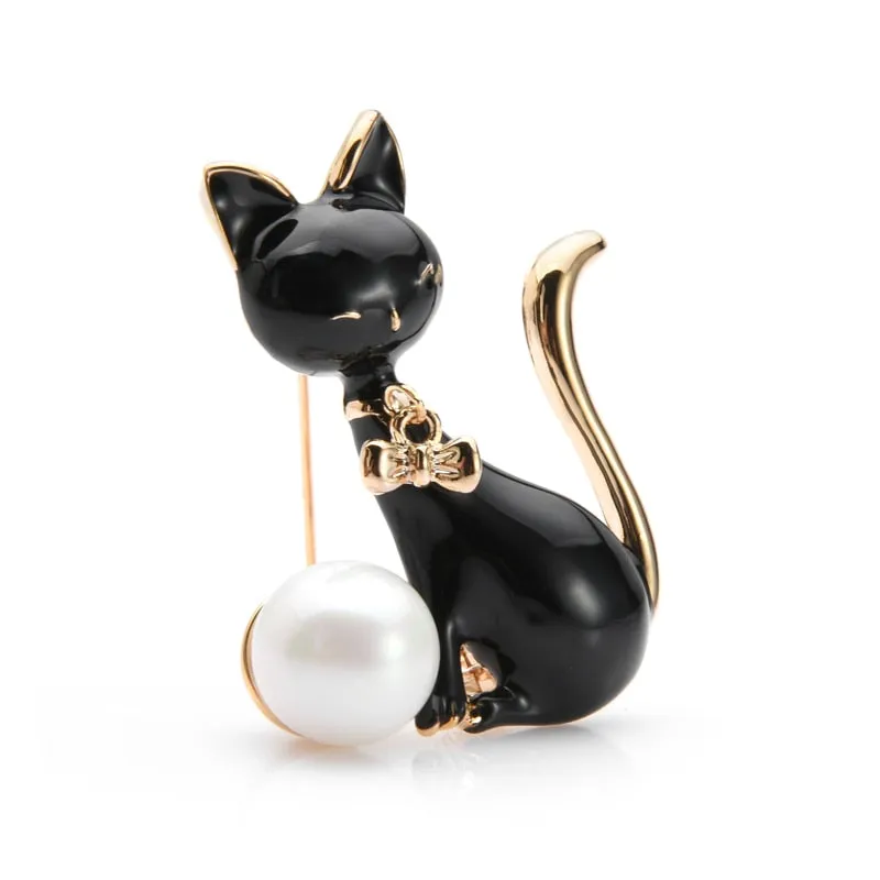 Black White Cat Brooches Women Alloy Animal Enamel Brooch Pins