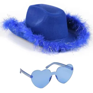 Blue Cowgirl Hat with Glasses - Halloween Cowboy Hat with Feathers - Cow Girl Costume Accessories - Fun Bride Western Rodeo Party Hats and Goggles for Women, Girls and Kids - FUNCREDIBLE