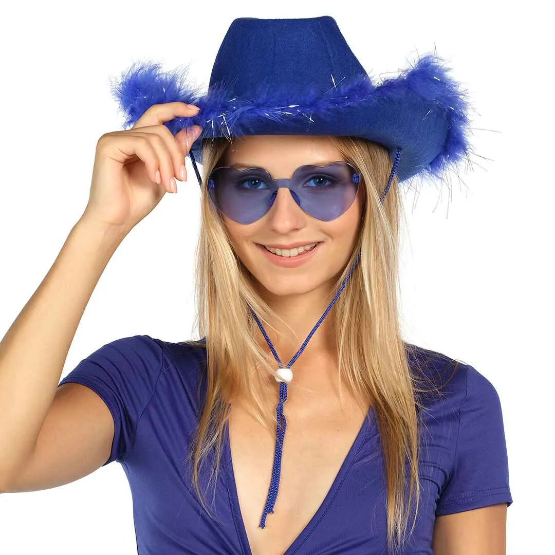 Blue Cowgirl Hat with Glasses - Halloween Cowboy Hat with Feathers - Cow Girl Costume Accessories - Fun Bride Western Rodeo Party Hats and Goggles for Women, Girls and Kids - FUNCREDIBLE
