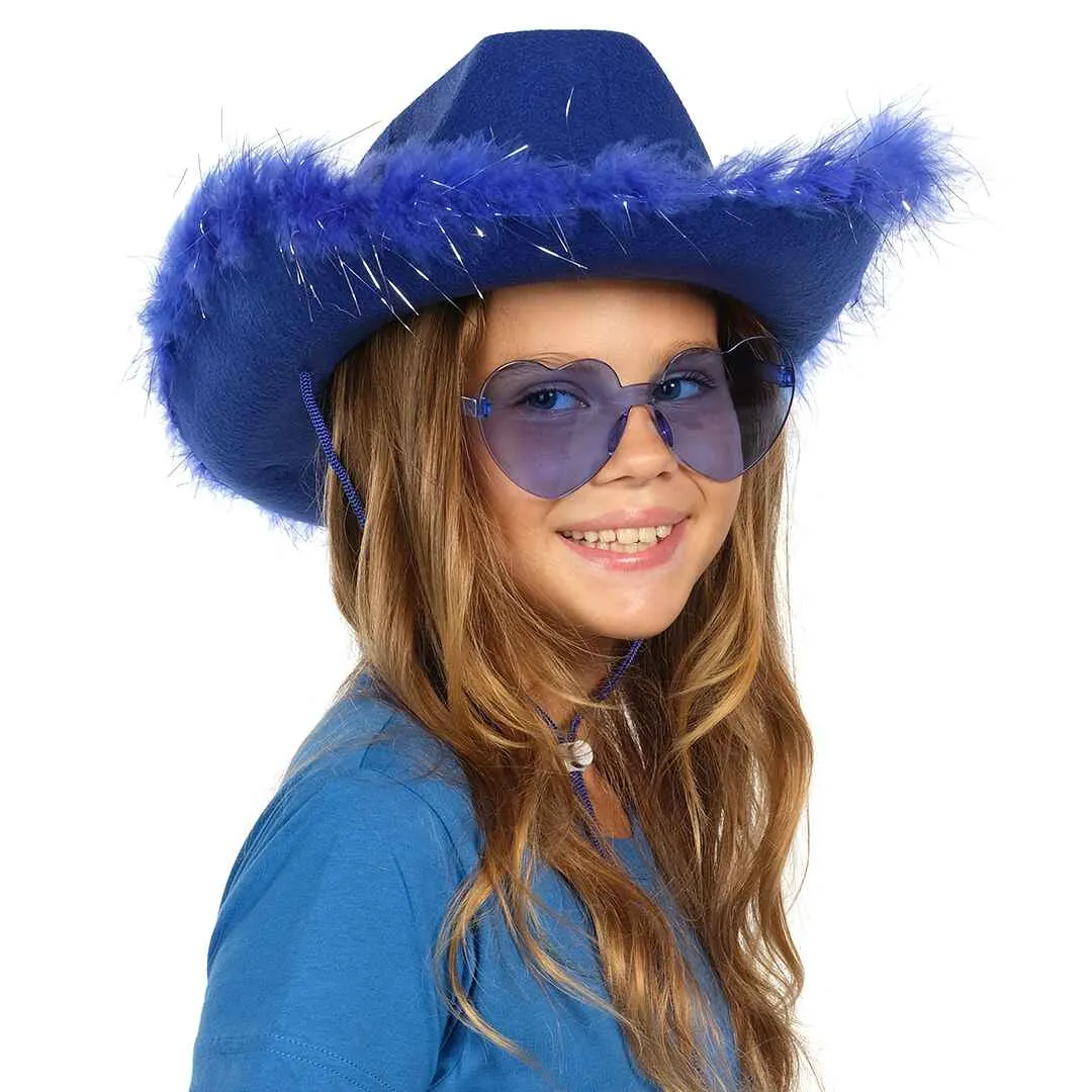 Blue Cowgirl Hat with Glasses - Halloween Cowboy Hat with Feathers - Cow Girl Costume Accessories - Fun Bride Western Rodeo Party Hats and Goggles for Women, Girls and Kids - FUNCREDIBLE