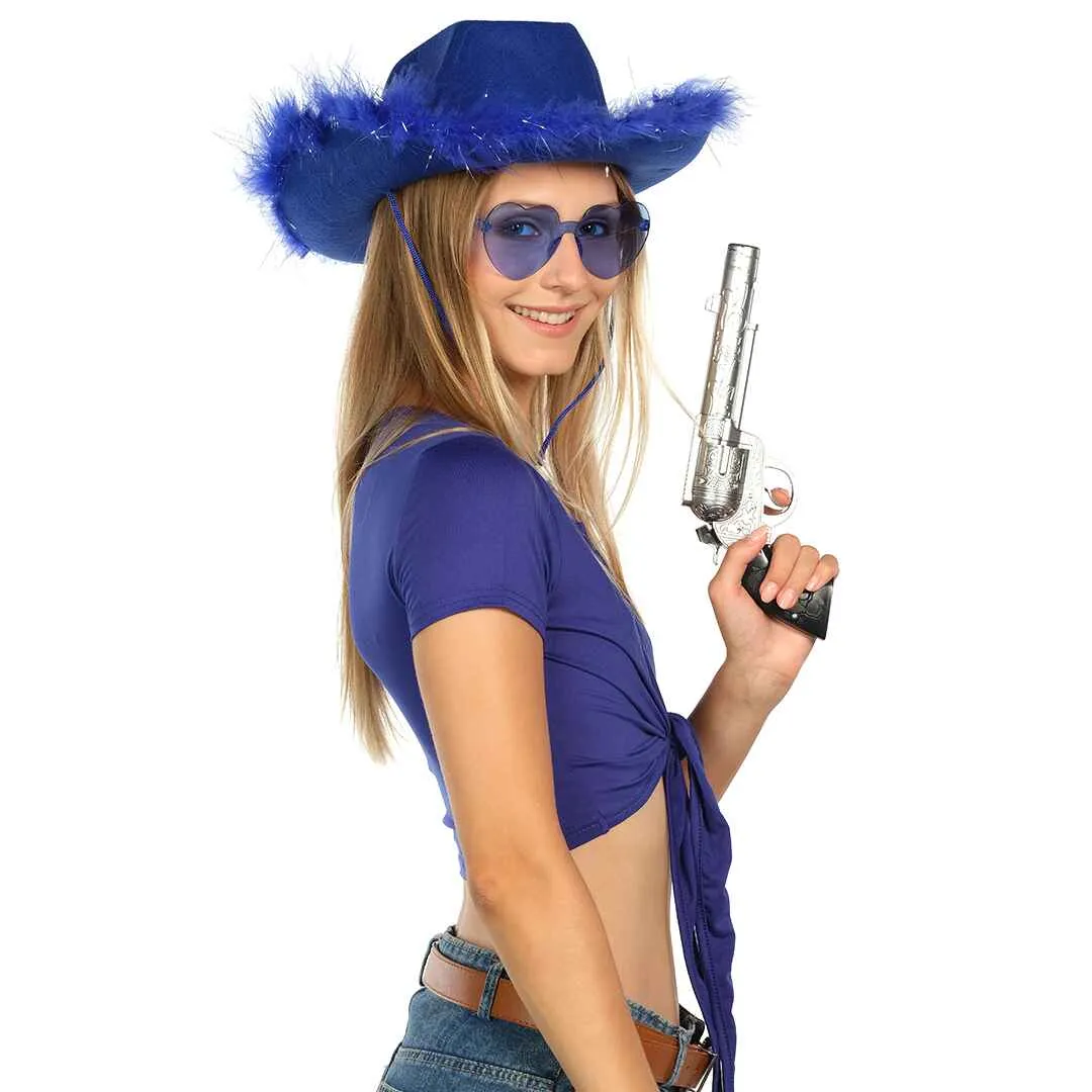 Blue Cowgirl Hat with Glasses - Halloween Cowboy Hat with Feathers - Cow Girl Costume Accessories - Fun Bride Western Rodeo Party Hats and Goggles for Women, Girls and Kids - FUNCREDIBLE