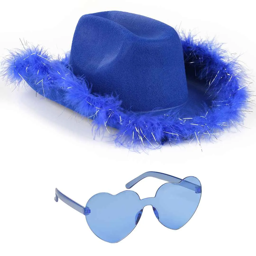 Blue Cowgirl Hat with Glasses - Halloween Cowboy Hat with Feathers - Cow Girl Costume Accessories - Fun Bride Western Rodeo Party Hats and Goggles for Women, Girls and Kids - FUNCREDIBLE