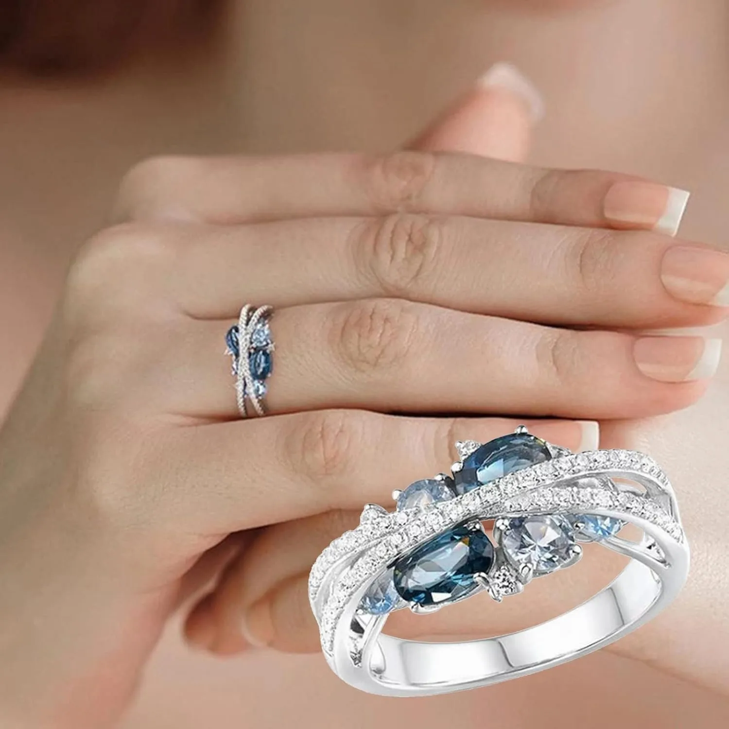 Blue Gemstone Birthstone and Zircon Ring for Women Oval Shape Engagement Rings Side Stones Promise Bridal Ring