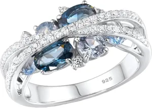 Blue Gemstone Birthstone and Zircon Ring for Women Oval Shape Engagement Rings Side Stones Promise Bridal Ring