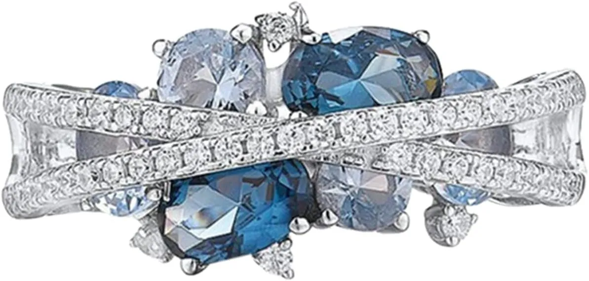 Blue Gemstone Birthstone and Zircon Ring for Women Oval Shape Engagement Rings Side Stones Promise Bridal Ring