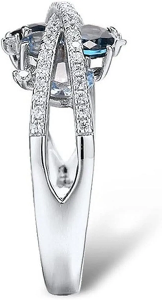 Blue Gemstone Birthstone and Zircon Ring for Women Oval Shape Engagement Rings Side Stones Promise Bridal Ring